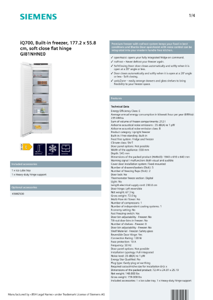 iQ700, Built-in freezer, 177.2 x 55.8 cm, soft close flat hinge GI81NHNE0