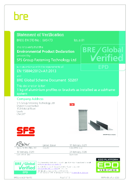 Environmental Product Declaration: 1kg of aluminium profiles or brackets as installed as a subframe system