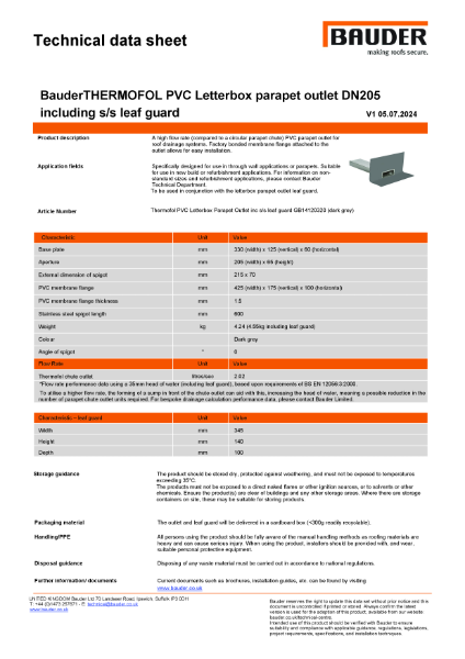 BauderTHERMOFOL PVC Letterbox parapet outlet DN 205 including ss leaf guard