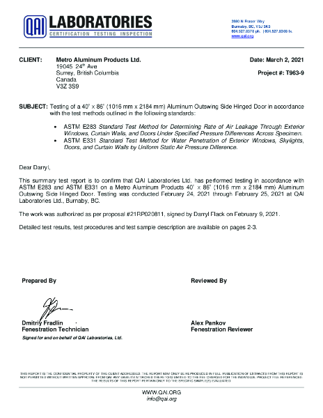250T Series Door - Air and Water Test