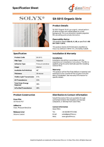 SX-5015 Organic Strie Specification Sheet