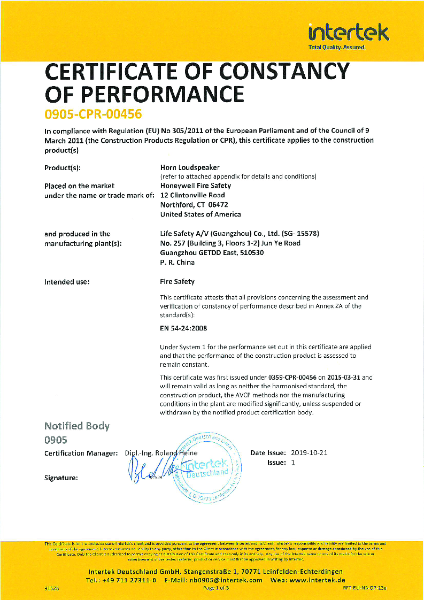 582479 EN54-24 Certificate of Conformity