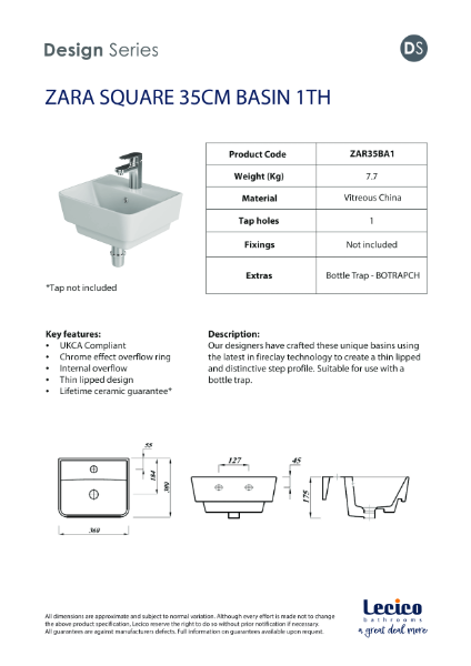 Zara Square 35 cm Basin 1 Tap Hole