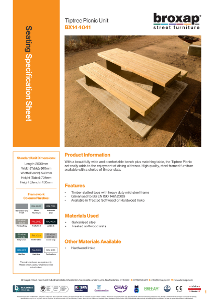 Tiptree Picnic Unit Specification Sheet | Broxap Ltd | NBS Source