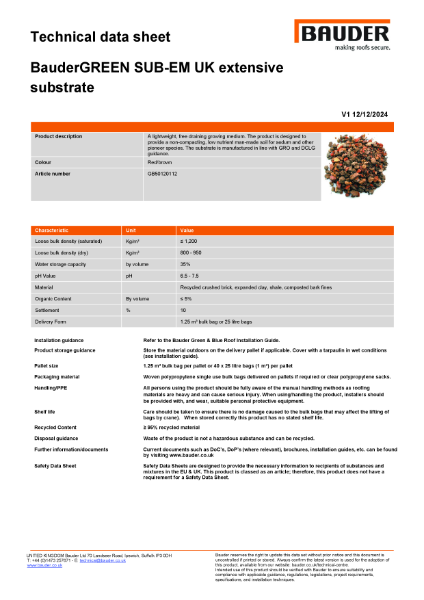 BauderGREEN SUB-EM UK Extensive Substrate - Technical Data Sheet