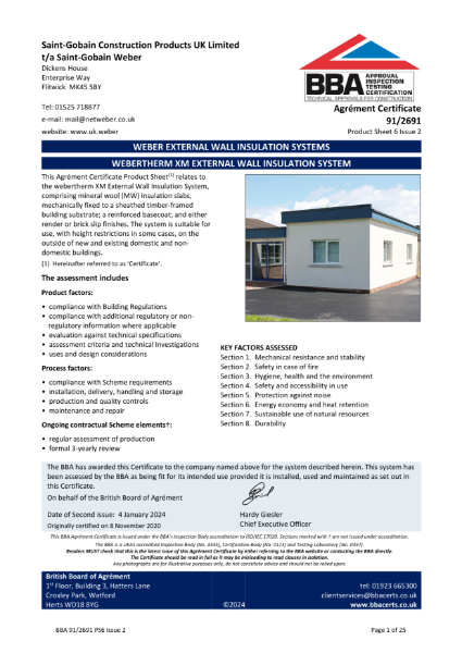 BBA Agrément Certificate (91/2691) Product Sheet 6 (webertherm XM with mechanically-fixed MFD onto timber frame construction)