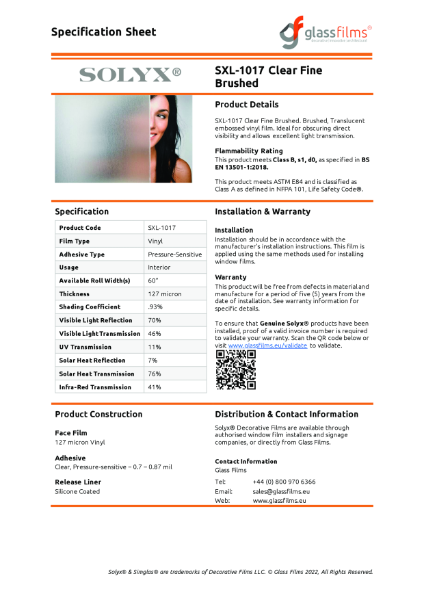 SXL-1017 Clear Fine Brushed Specification Sheet