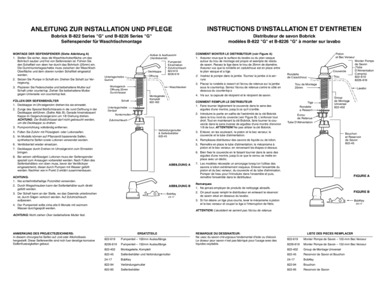 Instructions for Installation and Maintenance - Bobrick Models B-822 Series "G" and B-8226 Series "G" Lavatory-Mounted Soap Dispensers