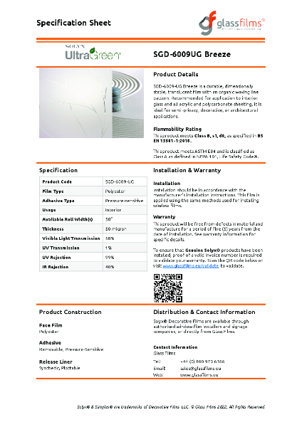SGD-6009-UG Breeze Window Film - Product Data Sheet