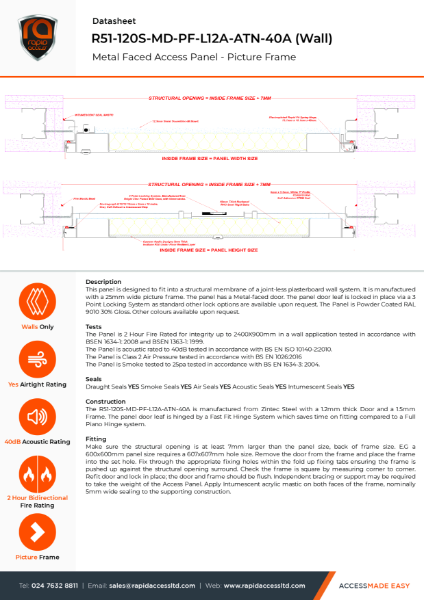 Datasheet - Metal Faced Riser Door Picture Frame 2 Hour Fire Rated Smoke Tested Airtight 40dB Acoustic - R51-120S-MD-PF-L12A-ATN-40A