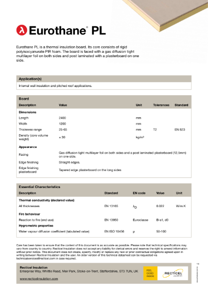 Eurothane PL insulated plasterboard for internal linings technical datasheet