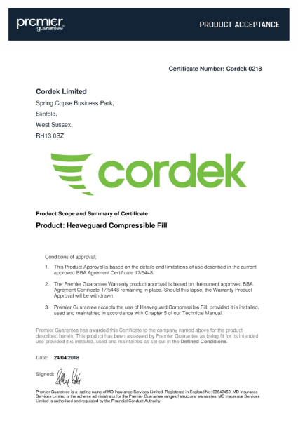 Cordek Premier Guarantee Certificate - Cellcore Heaveguard