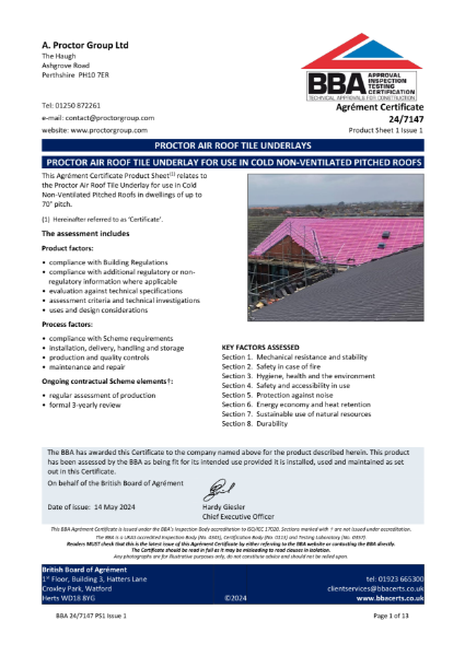 Proctor Air BBA Certificate Product Sheet 1