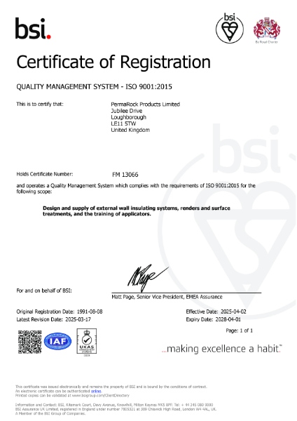 Permarock BSI ISO 9001 Quality Management Certificate