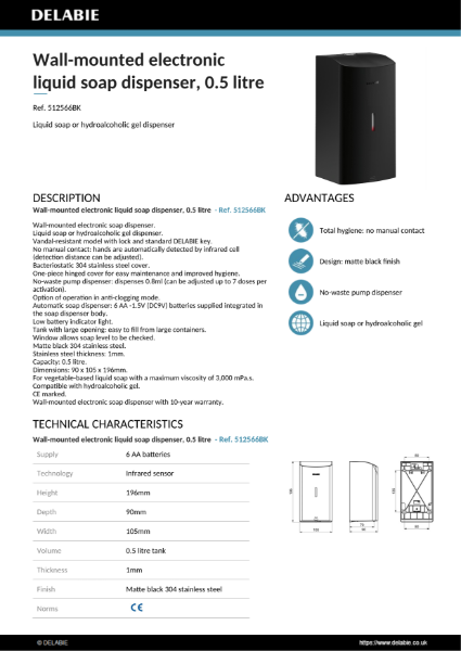Electronic Soap Dispenser - Matte Black, 0.5 Litre Product Data Sheet