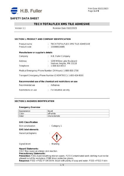 TotalFlex XMS Tile Adhesive - SDS