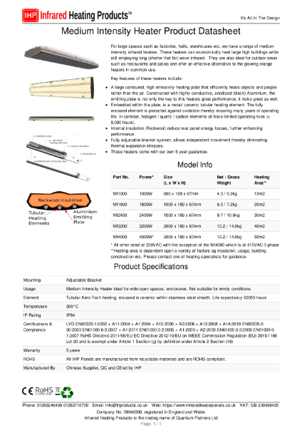 Medium Intensity Infrared Heater Datasheet