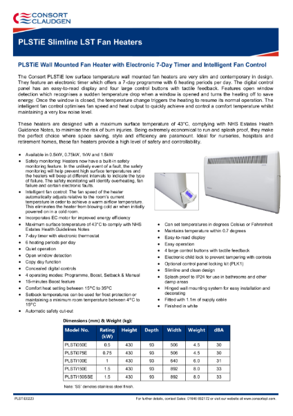PLSTiE panel fan heater data sheet