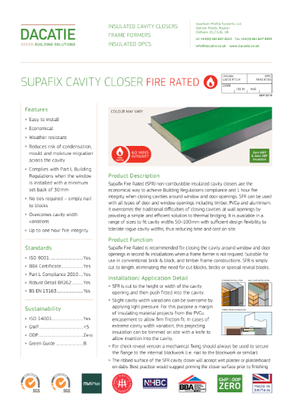 Fire Rated Cavity Closer / Cavity Barrier - 1 hour fire Integrity - Supafix FR - (50 to 100mm Cavities) Data Sheet