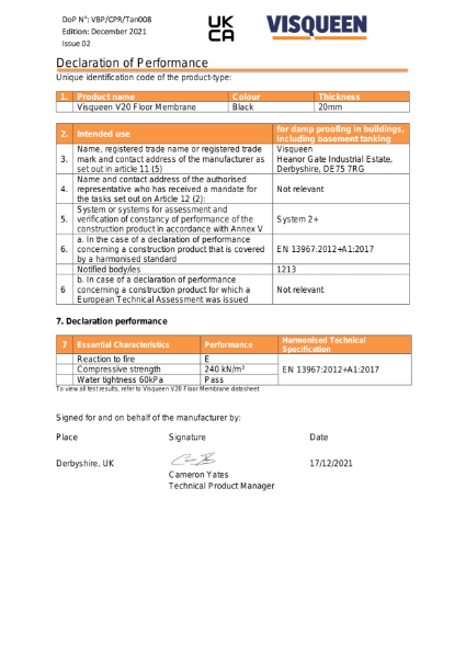 Tanking UKCA Visqueen V20 Floor Membrane Declaration of Performance