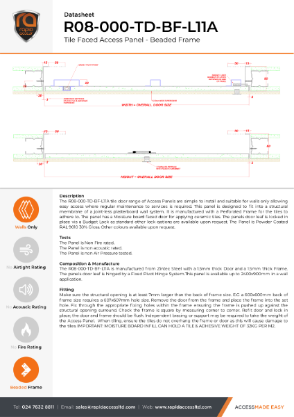 Datasheet - Tile Door Access Panel, Non Fire Rated