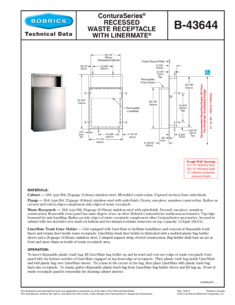 ConturaSeries® Recessed Waste Receptacle with Linermate® - B-43644