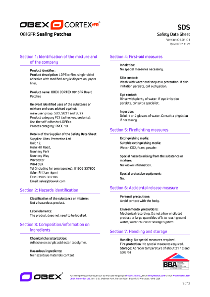 OBEX CORTEX 0816FR Sealing Patches - SDS