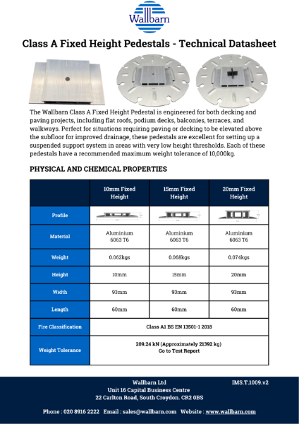 Datasheet - Class A Fixed Height Pedestal