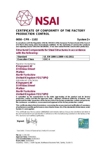 NSAI Certificate of Conformity 