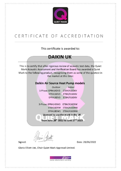 Daikin ASHP Quiet Mark Certificate