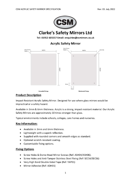 CSM Acrylic Safety Mirror Specification Rev03