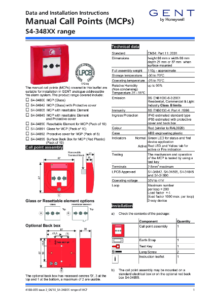 Honeywell Gent S4-348xx Honeywell Gent Manual Call Point Installation Manual