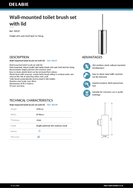 Bright polished wall-mounted toilet brush set
with lid Data Sheet - 4051P