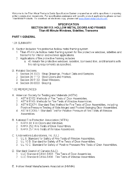 45 Minute Fire Rated Windows, Sidelites, Transoms - Specifications