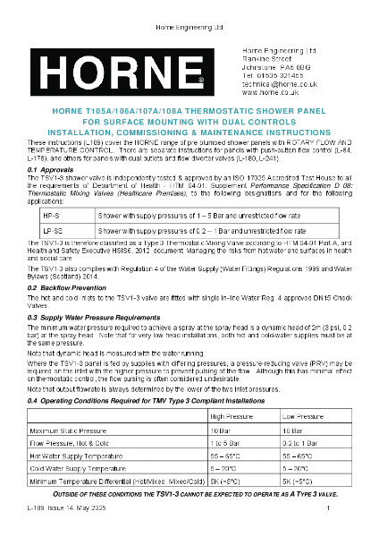 Instructions - Horne TSV1-3  Thermostatic T4/T9 Shower Panels