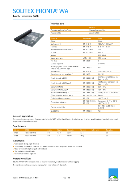 Solitex Fronta WA Technical Datasheet