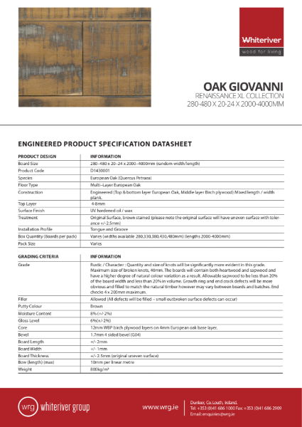 280-480 x 20-24 x 2000-4000mm Renaissance Oak Giovanni XL Plank Spec Sheet