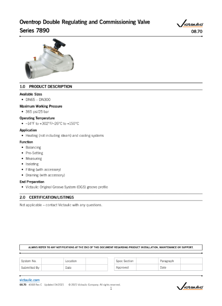 Oventrop Double Regulating and Commissioning Valve Series 7890