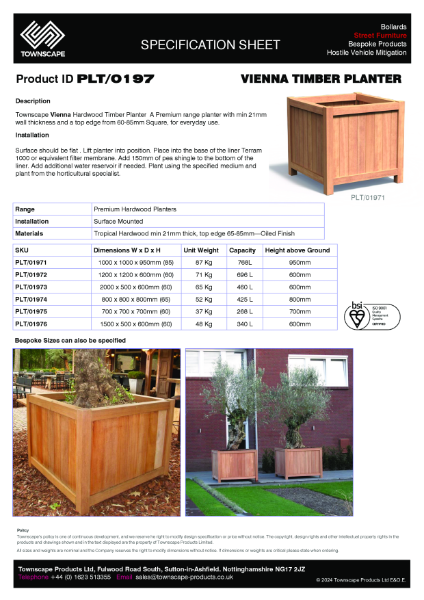 PLT0197 Vienna Timber Planter Range Specification sheet