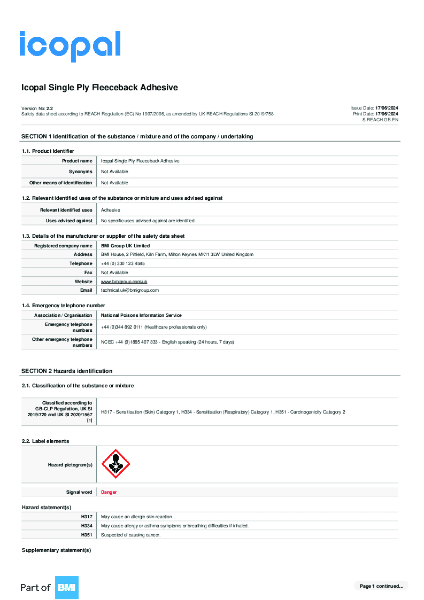 MSDS Icopal Single Ply Fleeceback Adhesive