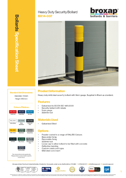 Heavy Duty Security Bollard Specification Sheet