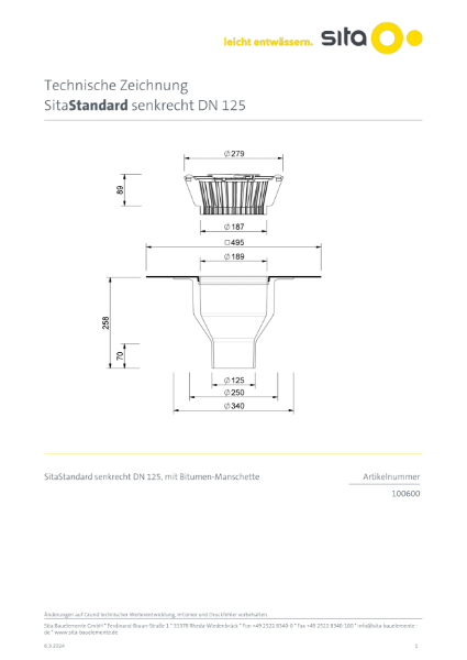 DN125 SitaStandard Vertical Roof Outlet - Technical Drawing