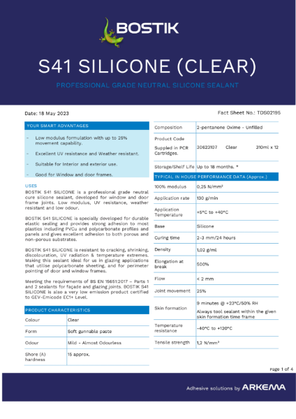 Bostik S41 Silicone (Clear) TDS