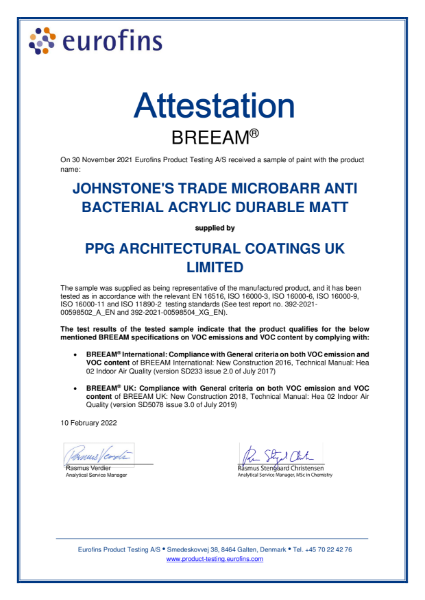 BREEAM Attestations - Eurofins Product Testing - Johnstone's Microbarr Anti Bacterial Acrylic Durable Matt