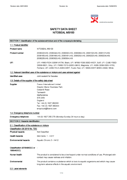 Nitoseal MS100 Safety Datasheet