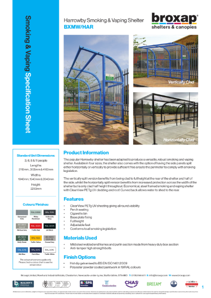 Harrowby Smoking And Vaping Shelter Specification Sheet | Broxap Ltd ...