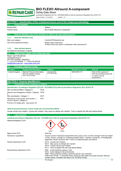 BIO FLEX ALL ROUND Component A Safety Data Sheet