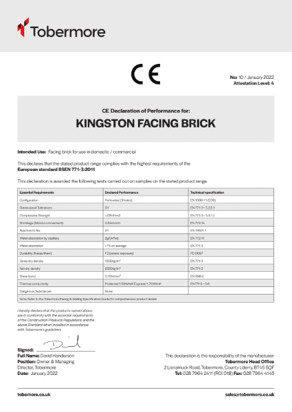 Kingston Facing Brick_Tobermore CE Declaration of performance January 2022