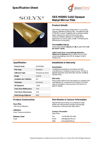 SXS-M5005 Gold Opaque Metal Mirror Specification Sheet