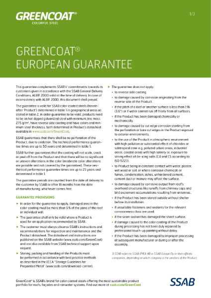 SSAB - GreenCoat-European guarantee